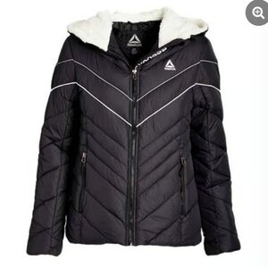 Reebok - Women's Black Quilted Puffer Jacket with Hood & Stripe Accents - Size M